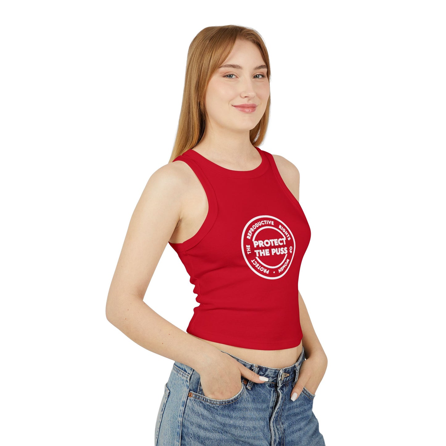 Women's Micro Rib Racer Tank - Protect The Puss Original - White Text