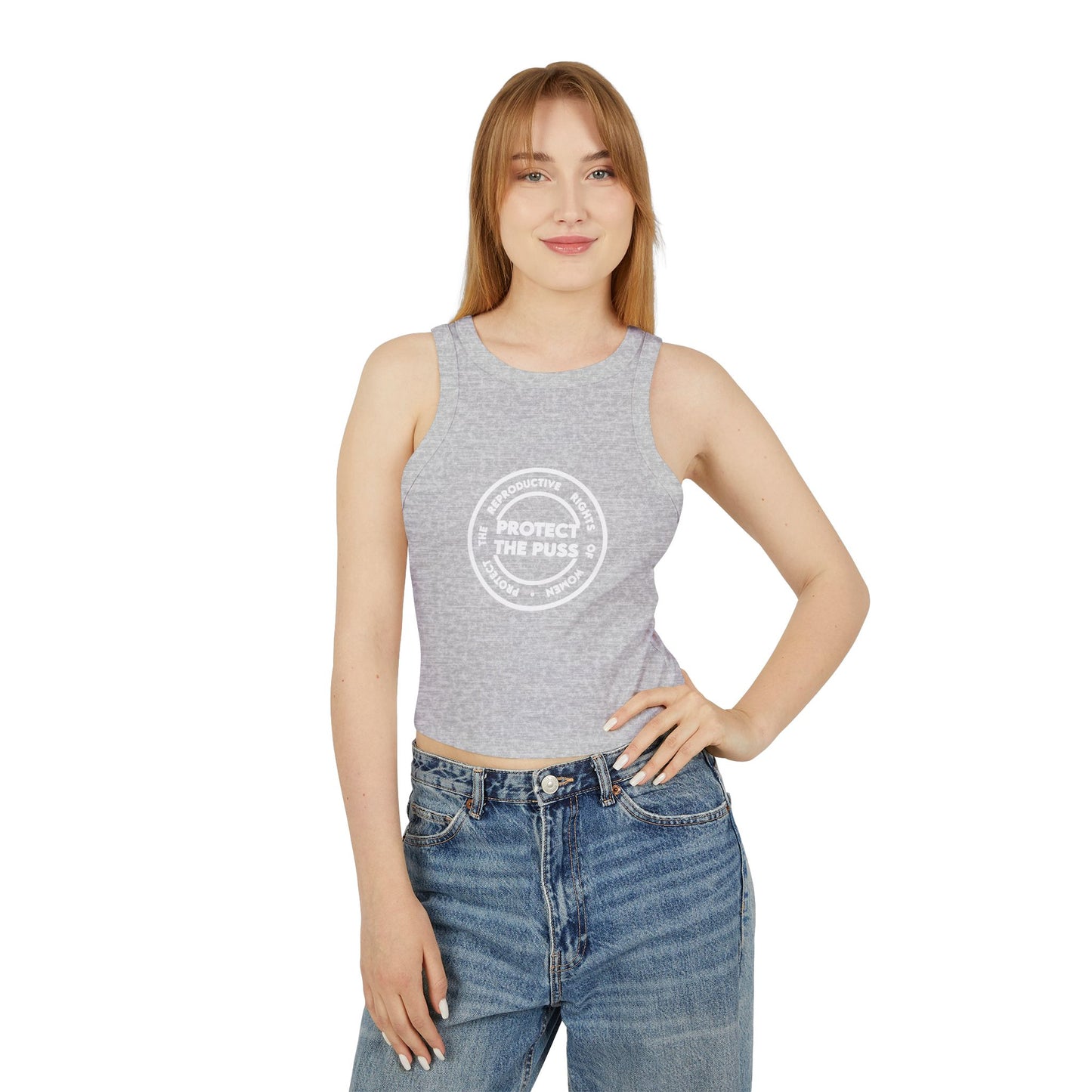 Women's Micro Rib Racer Tank - Protect The Puss Original - White Text